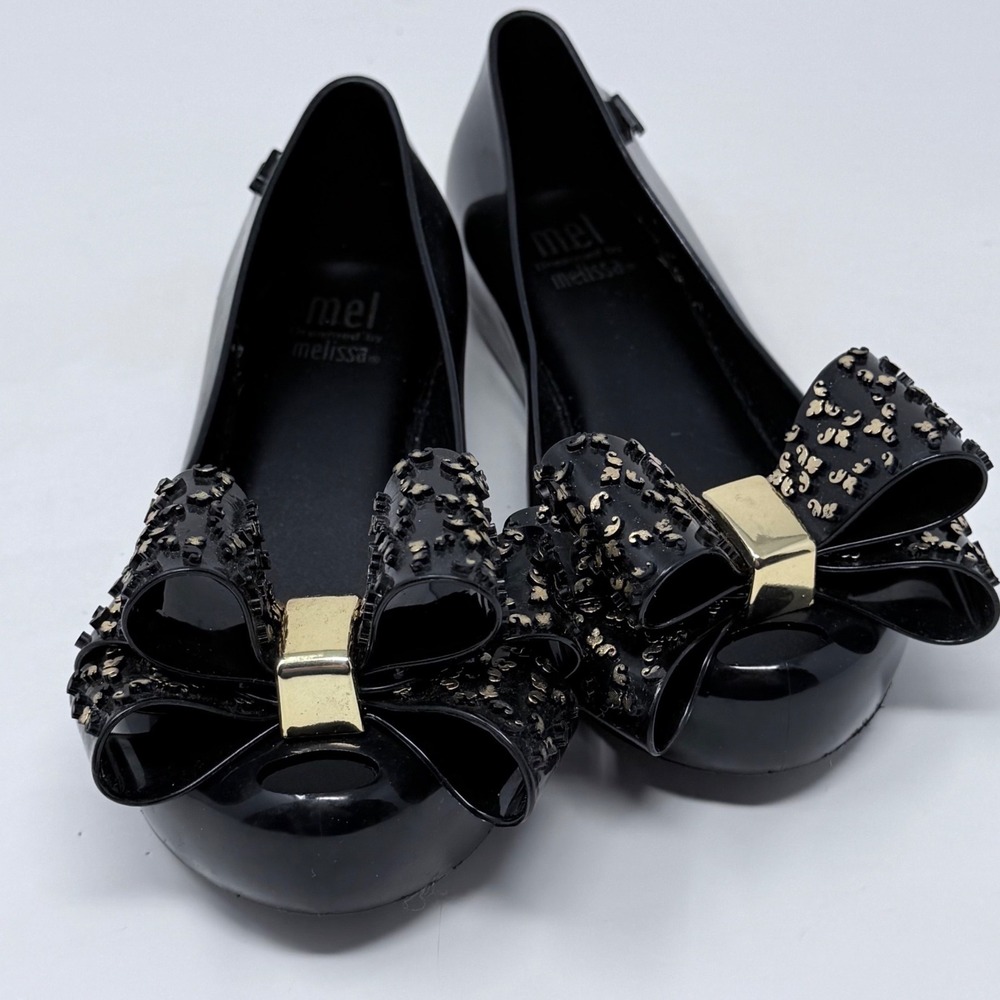 Mel by Melissa Kids Black Jelly Ballet Flats Bow Leopard Print Size 12 USA